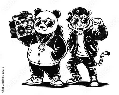Cartoon panda and tiger dressed as hip hop artists with boombox and jewelry music