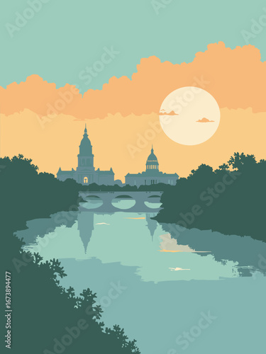 Baton Rouge, LA – Mississippi River bend with State Capitol tower and levee walk, palette: river teal, capitol gray, swamp green, sunset amber