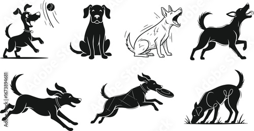 Dogs in various poses, black and white cartoon illustrations, playful, running, jumping, sitting, sniffing, frisbee catching, canine activity scenes for stock
