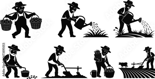 Farmer working on farm, agricultural activities, harvesting crops, watering plants, planting seeds, farming tools, rural life, farming lifestyle, farm work