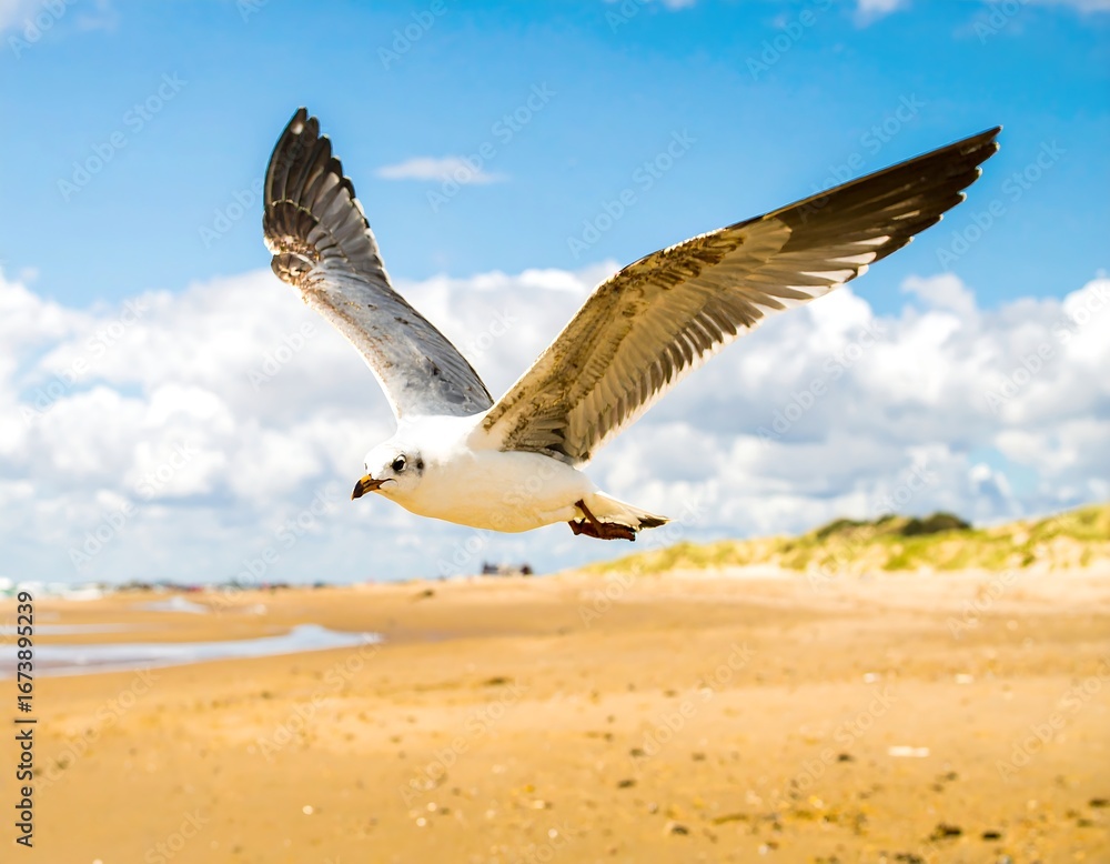 Naklejka premium A graceful seagull soars through a bright sunny sky over a sandy beach.