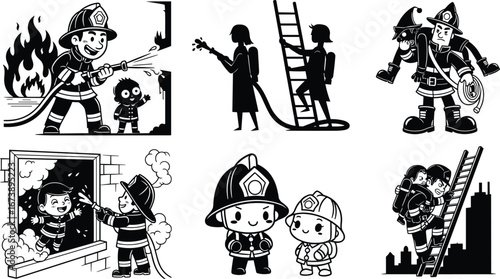 Firefighter rescuing child, fire safety, emergency response, fire hose, ladder rescue, fire protection, hero, teamwork, fireman, safety equipment, bravery, fire drill