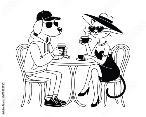 Dog and Cat Couple Enjoying Coffee at a Cafe vector illustration
