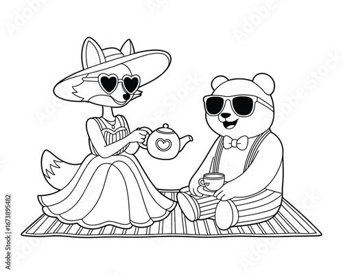 Fox serving tea to a bear during a stylish picnic tea party