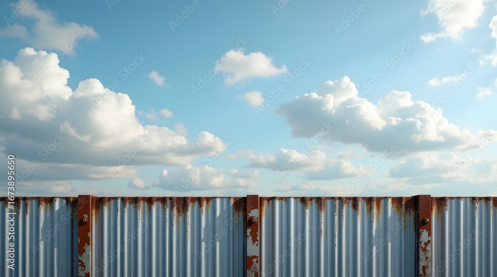 Naklejka premium Aged galvanized metal sheets with patina scratches dents and oxidation under daylight sky