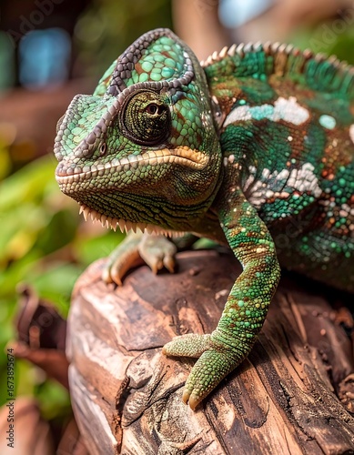 A close-up of a vibrant green chameleon perched on a textured wooden log, showcasing its intricate skin patterns and detailed features.
