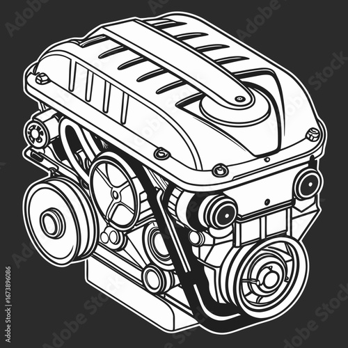Illustration of a car engine with internal combustion on a dark background