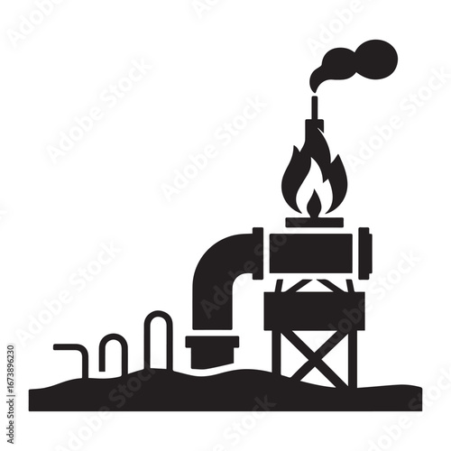 Black vector oil rig logo with drilling platform, ground pipes, and flaming torch emitting smoke on white background.