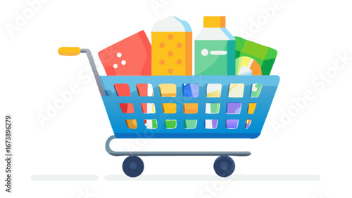 A blue shopping cart filled with various grocery items, showcasing consumerism and the retail experience in a flat vector design
