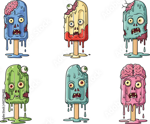 Creepy zombie popsicle cartoon, scary melting ice cream monster, spooky horror dessert illustration, funny evil food character vector