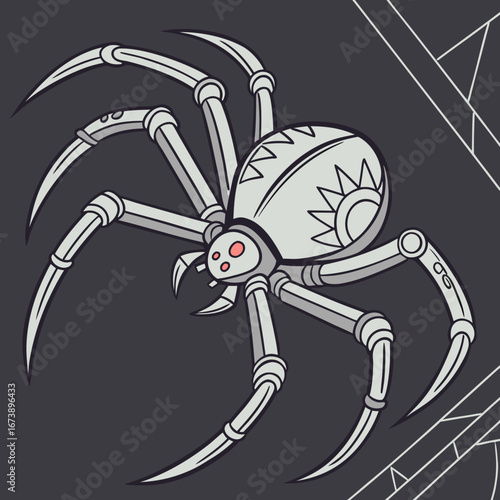 Illustration of a steampunk spider with web on a dark gray background