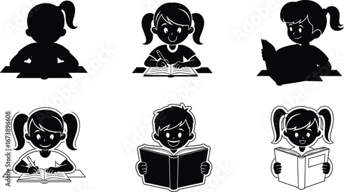 Kids reading books and writing, cartoon children studying, education and learning, school kids with books, student illustrations, homework activity