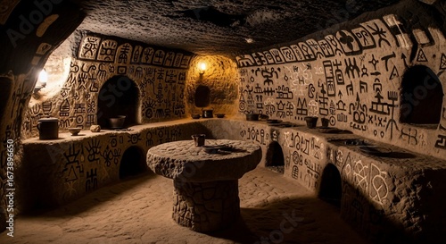 Interior view of an ancient cave kitchen with stone structures and wall carvings.