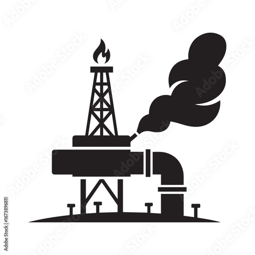 Black vector oil rig logo with drilling platform, ground pipes, and flaming torch emitting smoke on white background.