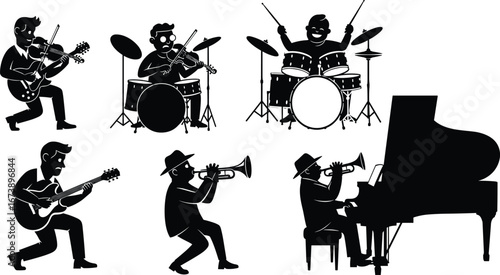 Musician silhouettes, playing violin, guitar, drums, trumpet, piano, live concert performance, band instruments, black white cartoon vector, music art icons