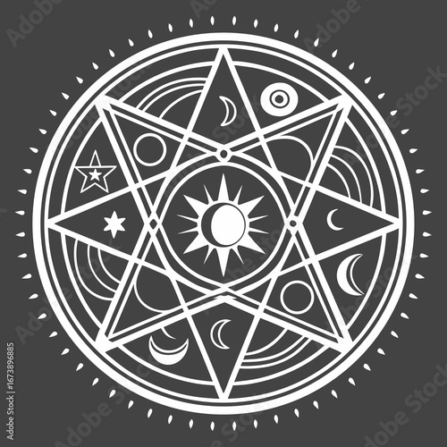 Vector art of mystical celestial circle with occult symbols