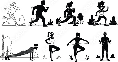 People exercising outdoors, running, stretching, lunges, push-ups, yoga poses, resistance band workout, fitness training, healthy lifestyle, active living