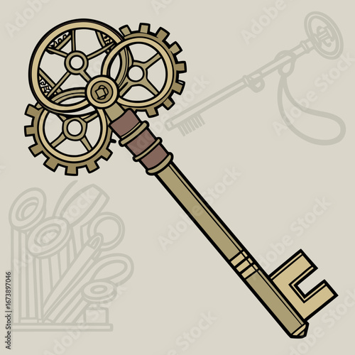 Vector art of steampunk key with gears and clockwork mechanism