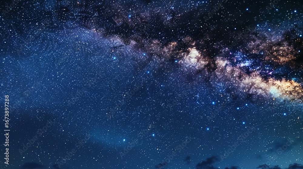 Obraz premium Milky way panorama as background image. Night starry sky with stars, planets, constellations and galaxies