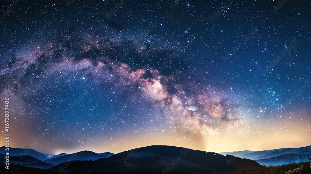 Fototapeta premium Milky way panorama as background image. Night starry sky with stars, planets, constellations and galaxies