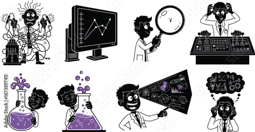 Science lab illustrations, frustrated scientist with wires, data chart on screen, magnifying glass inspection, chemistry experiments, scientific research, innovation, discovery, technology concepts