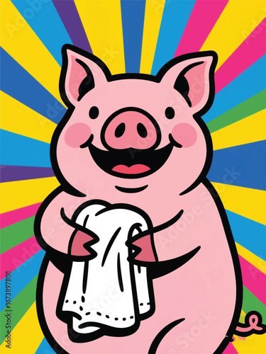 cute pig carrying a towel Illustrator Artwork design template poster