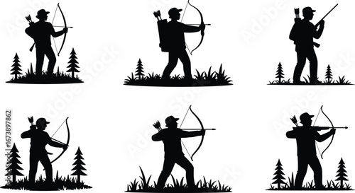 Silhouette of archers and hunters with bow and rifle in forest, practicing shooting, outdoor adventure, wilderness, archery, nature scene