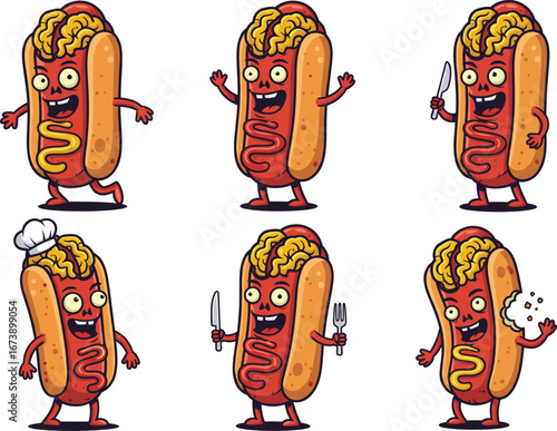 Funny cartoon hotdog character collection, food mascot illustration, humorous fast food design, comic snack artwork