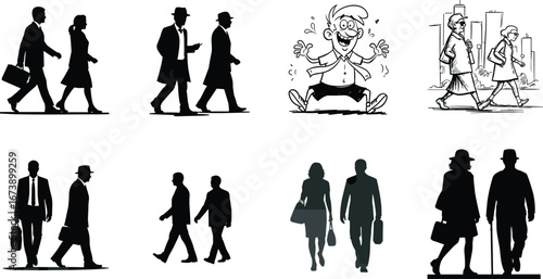 Walking people silhouettes, pairs and individuals, business attire, casual, cartoon style, city scene, black white vector, human motion art