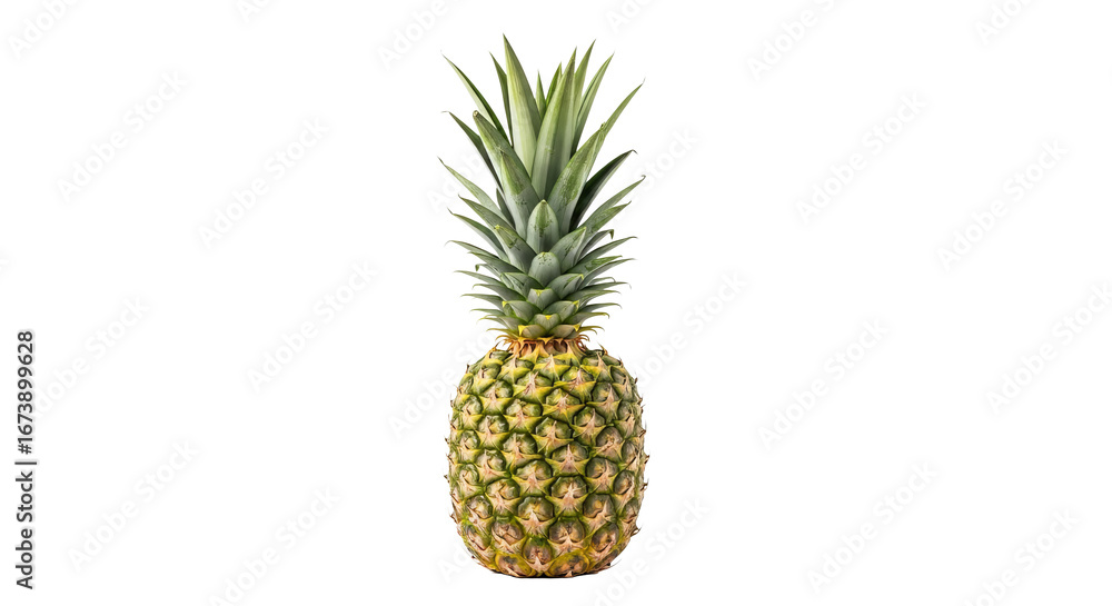Fototapeta premium A whole pineapple stands upright featuring green spiky leaves on top and textured skin on a background.
