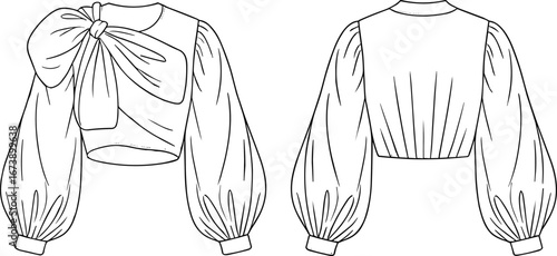 Stylish women’s blouse flat sketch with oversized bow, puff sleeves, front and back view, elegant cropped fashion top design
