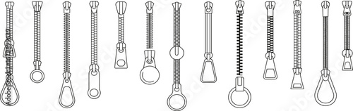 Vector zipper set flat sketch, various zipper puller designs, technical fashion accessory illustration for garments, bags, jackets, and apparel