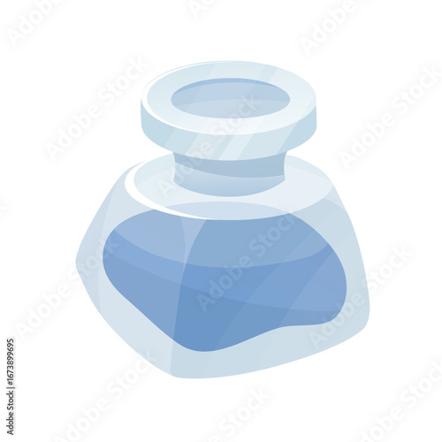 Inkpot on white background. Transparent glass bottle with blue ink. Antique material for writing letters and manuscripts, stationery of the past. Stylized hand drawn vector illustration.