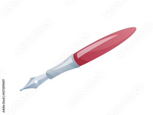 Fountain pen with red handle isolated on white. Vector hand drawn illustration of writing utensil for signing documents and calligraphy. Graphic element for retro design, scrapbooking, stickers.