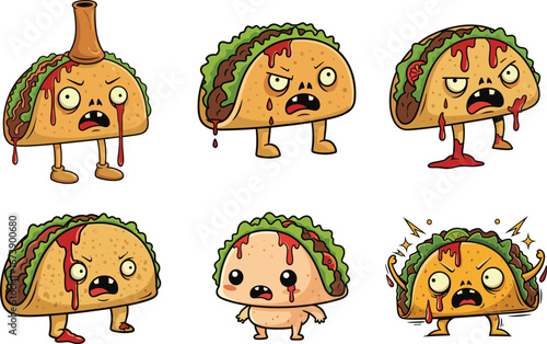 Funny zombie tacos cartoon illustration, creepy mexican food characters, spooky halloween design, scary taco artwork, vector