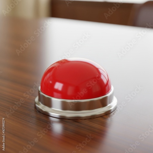 A red buzzer button on a desk