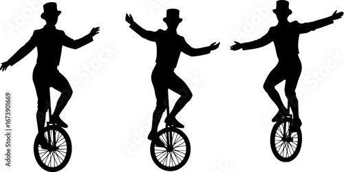 Three silhouettes of performers on unicycles wearing top hats in a dynamic pose on white backdrop | editable eps vectors
