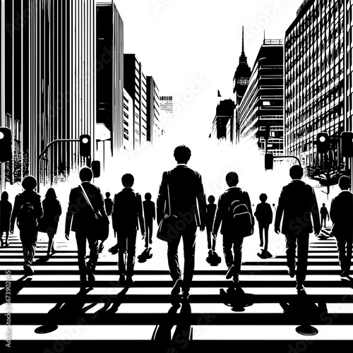 Black and White Vector Silhouette of a City Crosswalk Full of People