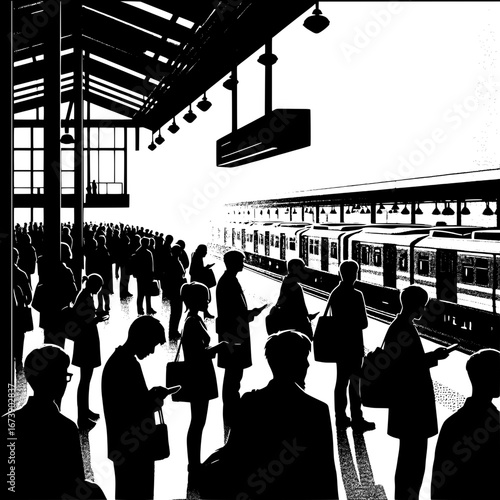 Black and White Vector Silhouette of a Busy City Train Station Platform