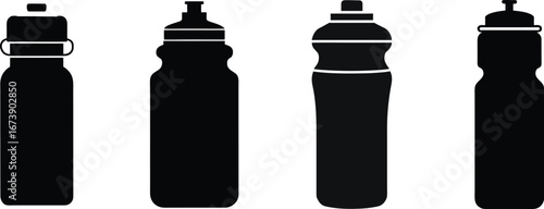 Set of four black sports water bottle silhouettes isolated silhouette