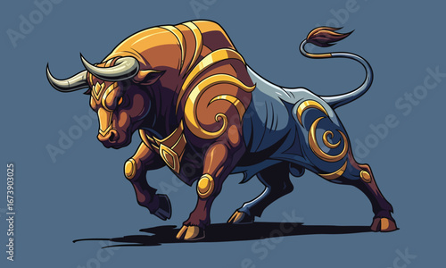A powerful, armored bull, a majestic fantasy creature illustration.