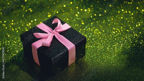 Black gift box adorned with pink ribbon, set on green glitter with yellow detail.