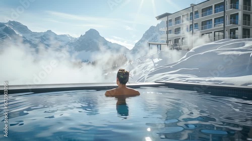 Person swimming in infinity pool with stunning view of Alps mountains