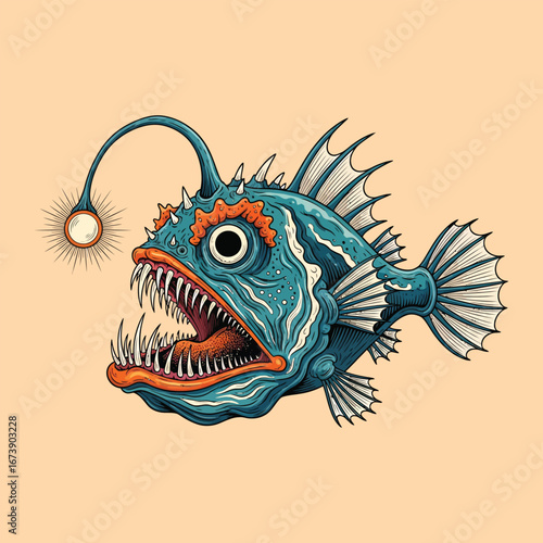 Illustration of a scary anglerfish with sharp teeth and a glowing lure.