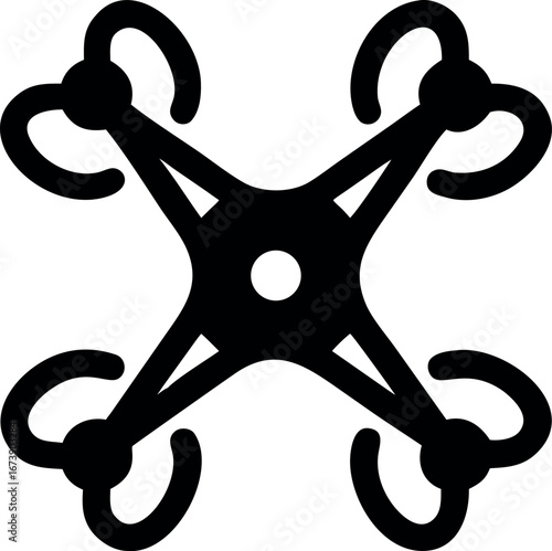 Monochrome vector icon of a flying quadcopter drone, a minimalist symbol for aerial technology, surveillance, and innovation