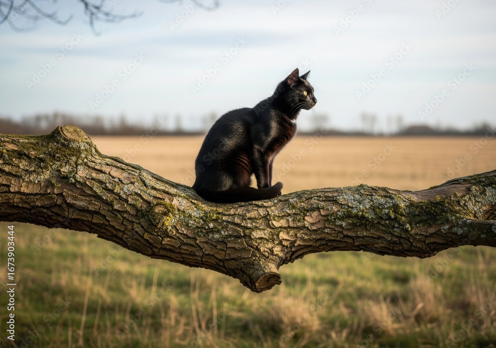 Naklejka premium Black Cat Sitting on a Tree Branch in a Scenic Field Landscape 