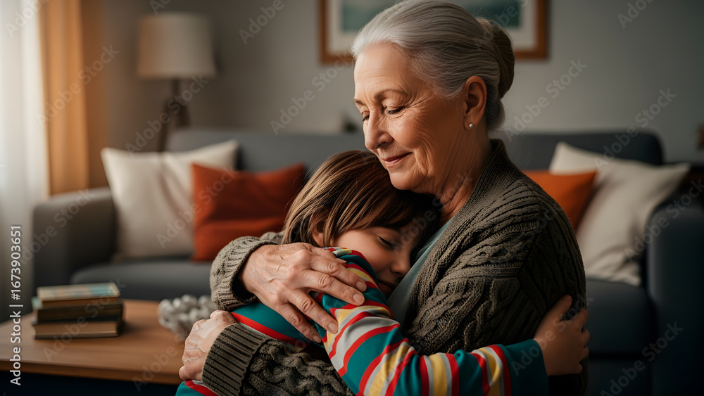 Fototapeta premium Grandmother lovingly embraces her grandchild in a warm, tender, and comforting hug.