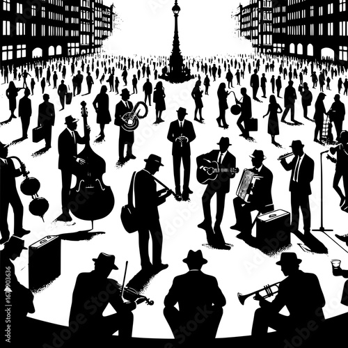 Black and White Vector Silhouette of Street Musicians in a Busy City Square