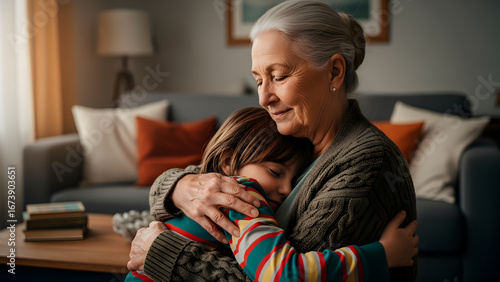 Grandmother lovingly embraces her grandchild in a warm, tender, and comforting hug.