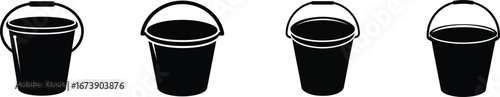 Set of four black bucket silhouettes with handles and contents silhouette